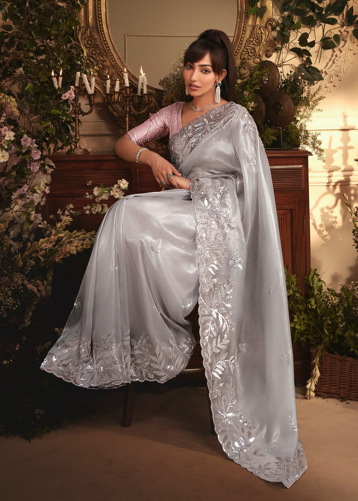 Soft Grey Tissue Organza Silk Saree