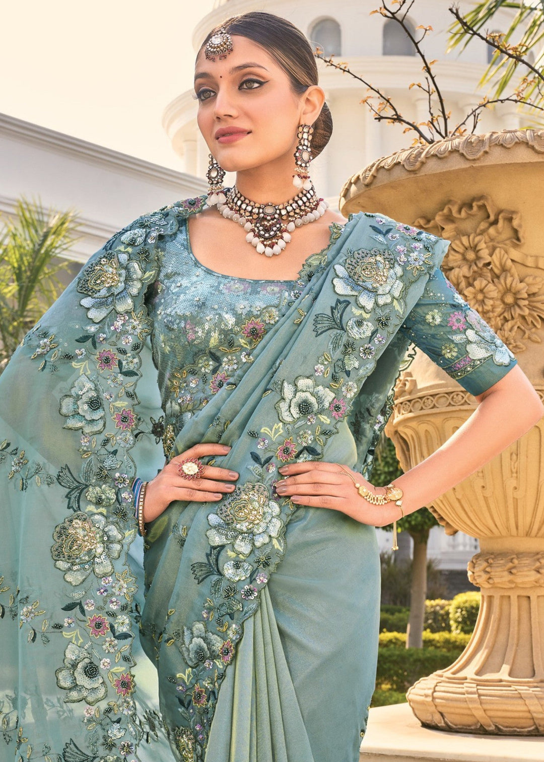 Sea Green Organza Silk Saree