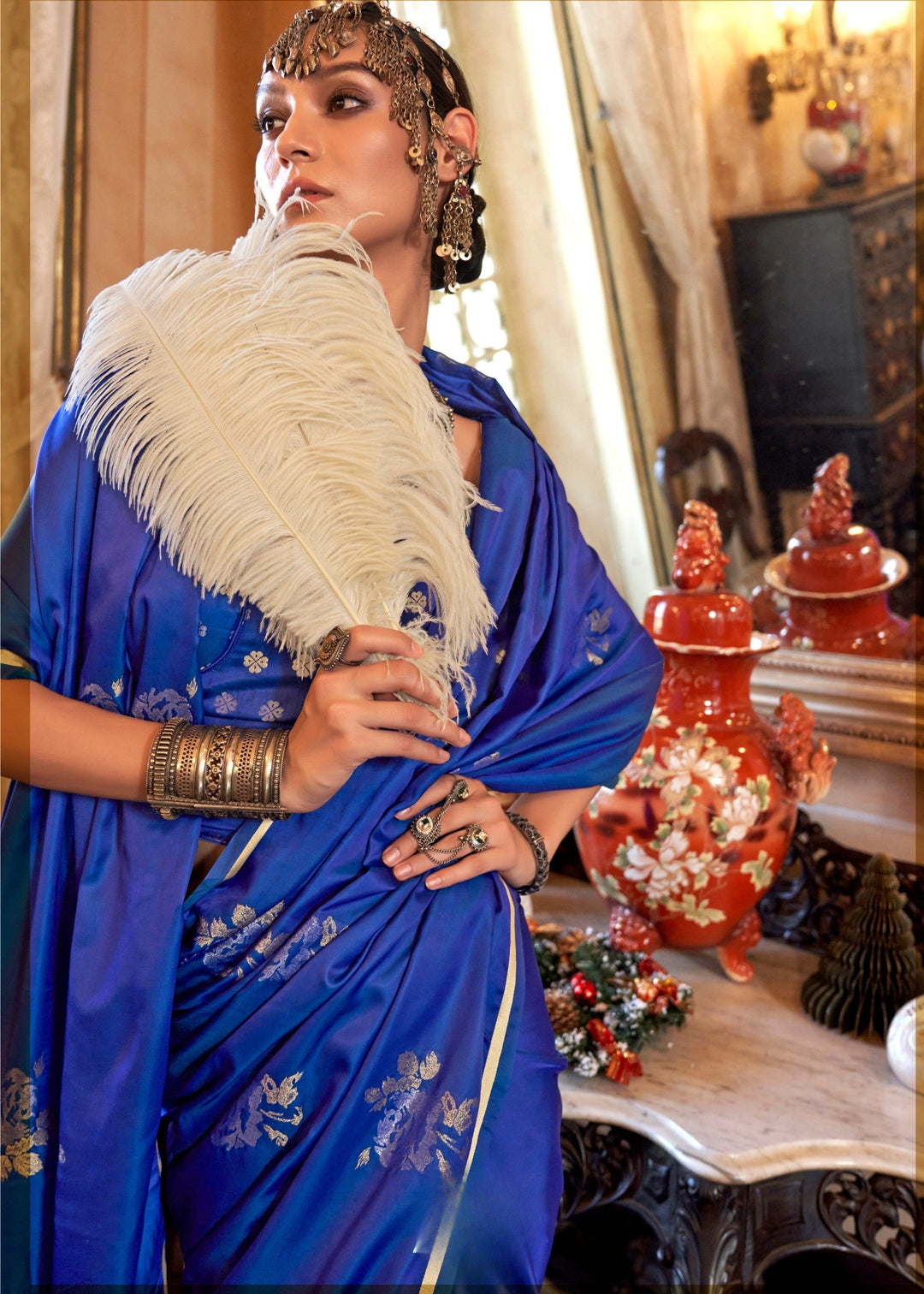 Bright Blue Satin Silk Saree