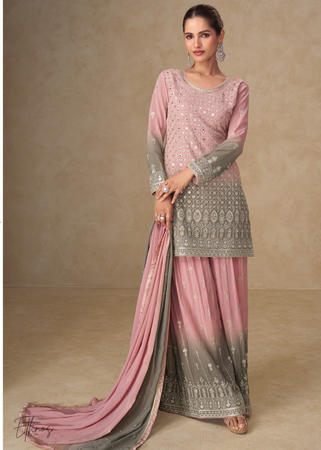 Blush Pink And Olive Grey Georgette Salwar Suit