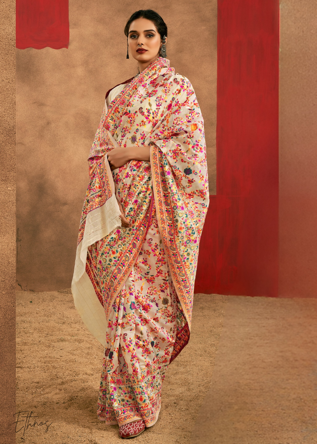 Soft Ivory Peach with Multicolour Kashmiri Floral Weave Saree