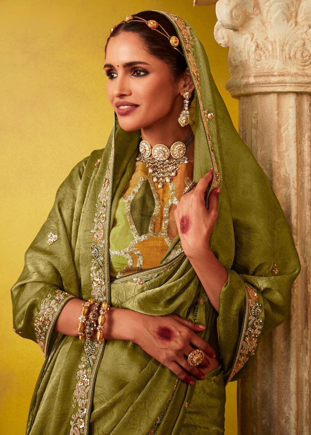 Olive Green Glass Tissue Silk Saree : Top Pick