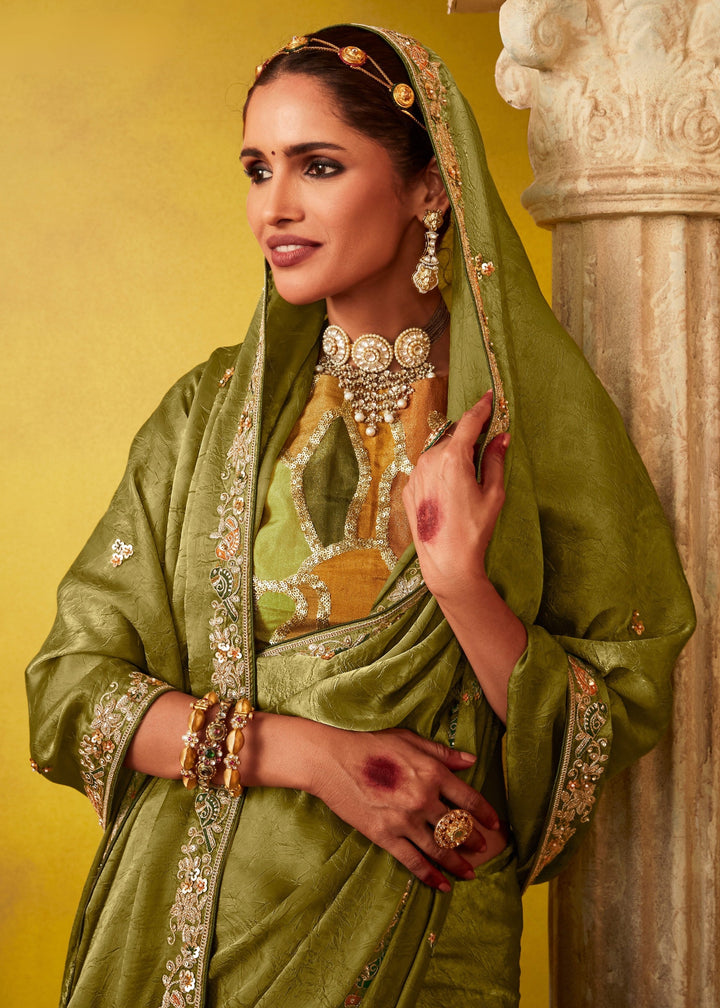 Olive Green Glass Tissue Silk Saree : Top Pick