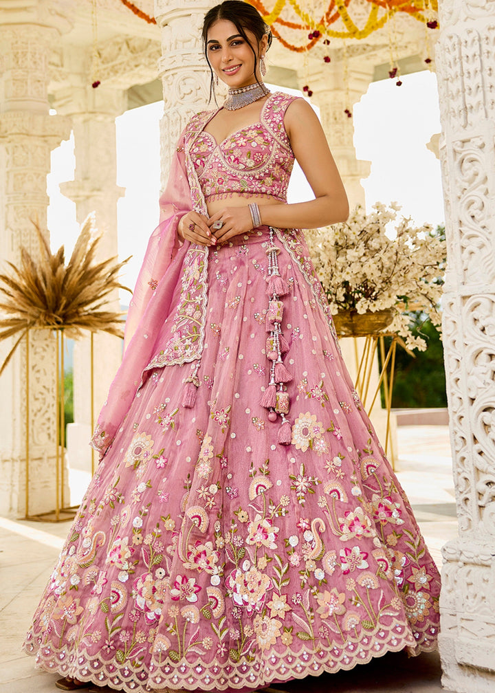 Pink Organza Lehenga Choli with Beads & Sequince Embroidered