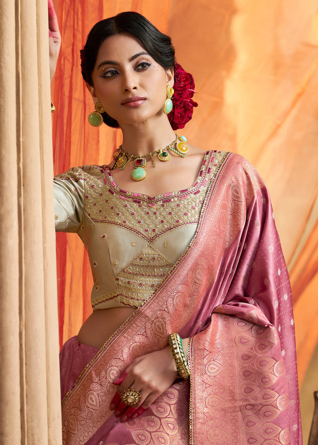 Fuchsia Pink Satin Silk Saree