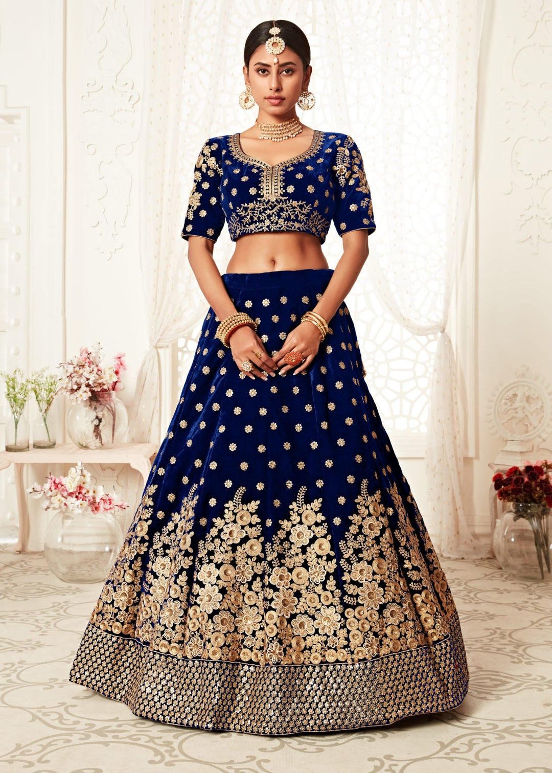 Navy Blue Velvet With Zari & Thread embroidery With Diamond Work Bridal Lehenga