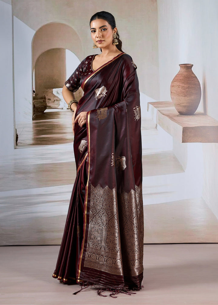 Wine Red Satin Silk Saree