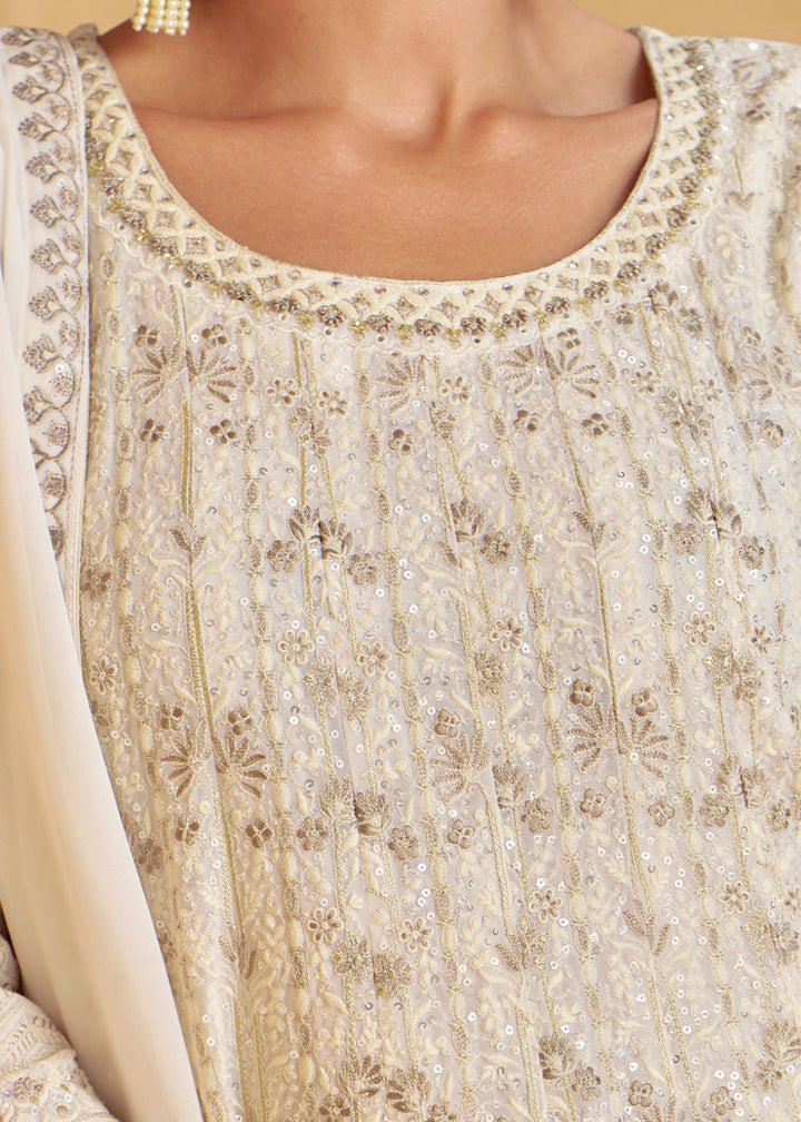 Ivory White Georgette Plazzo Suit With Embroidery Work