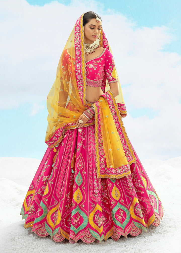 Pink and Yellow Silk Lehenga With Cut Work Border