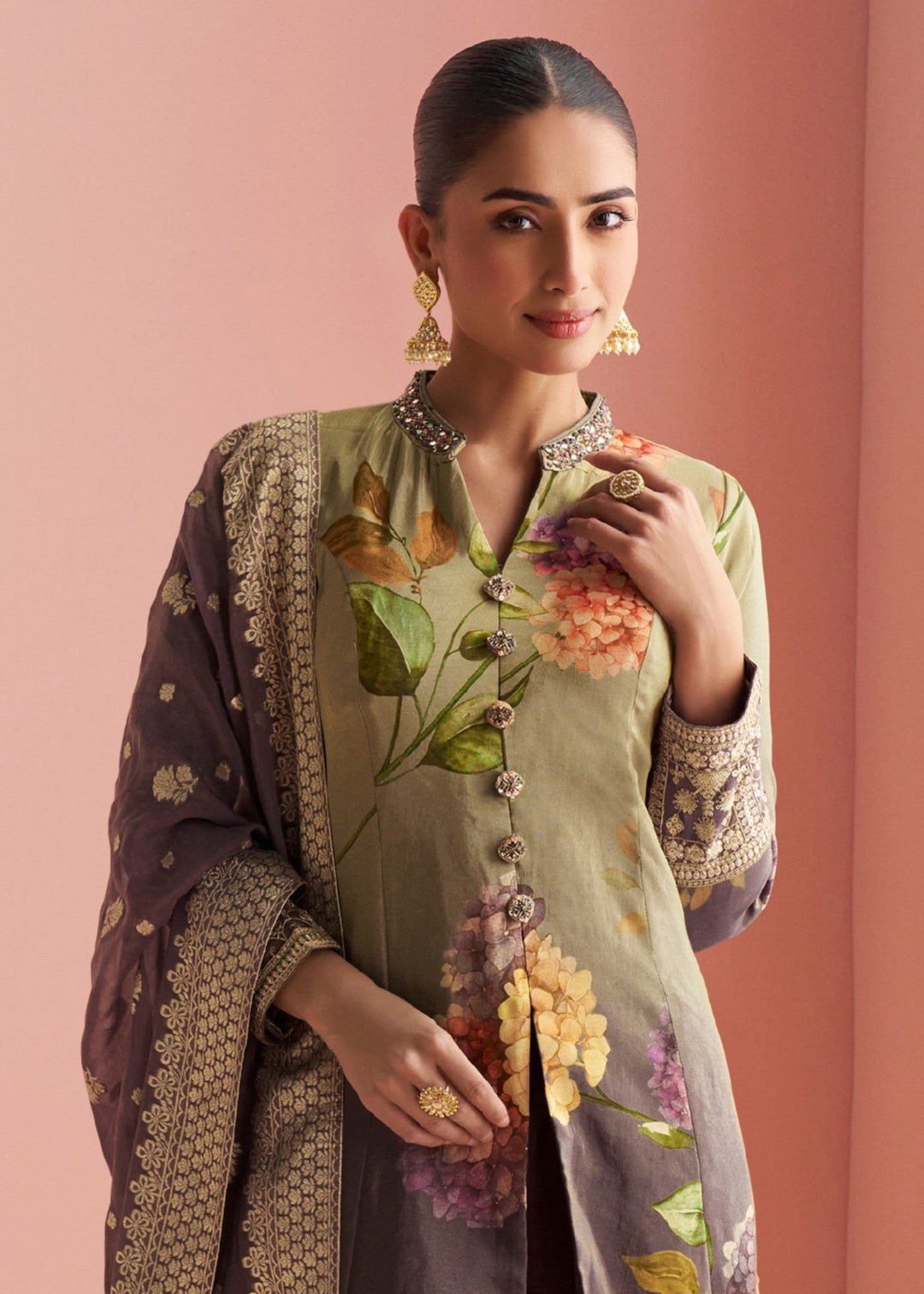 Light olive green Salwar Suit with Large Floral Print