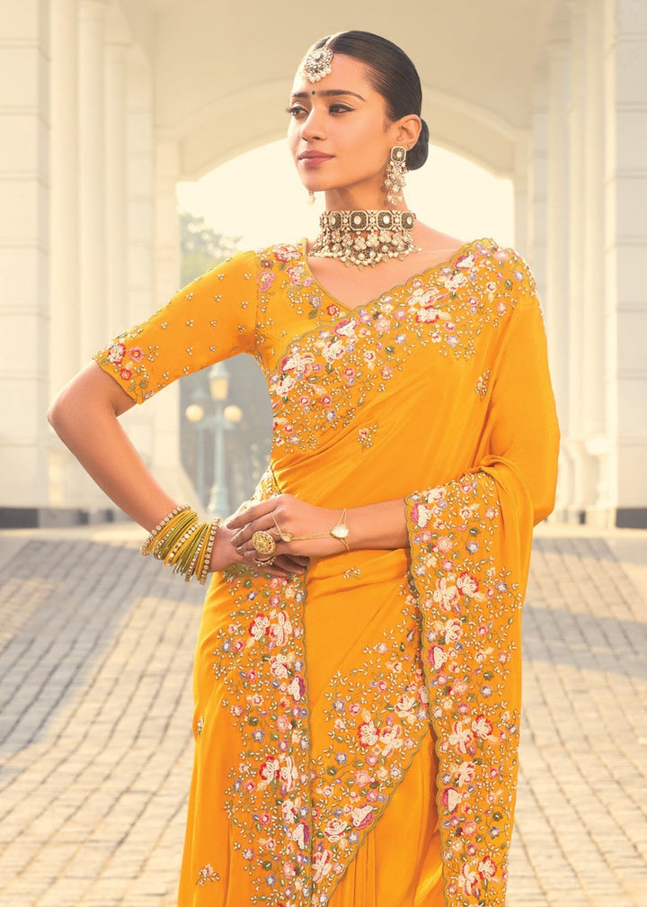 Mustard Yellow Crepe Silk Saree
