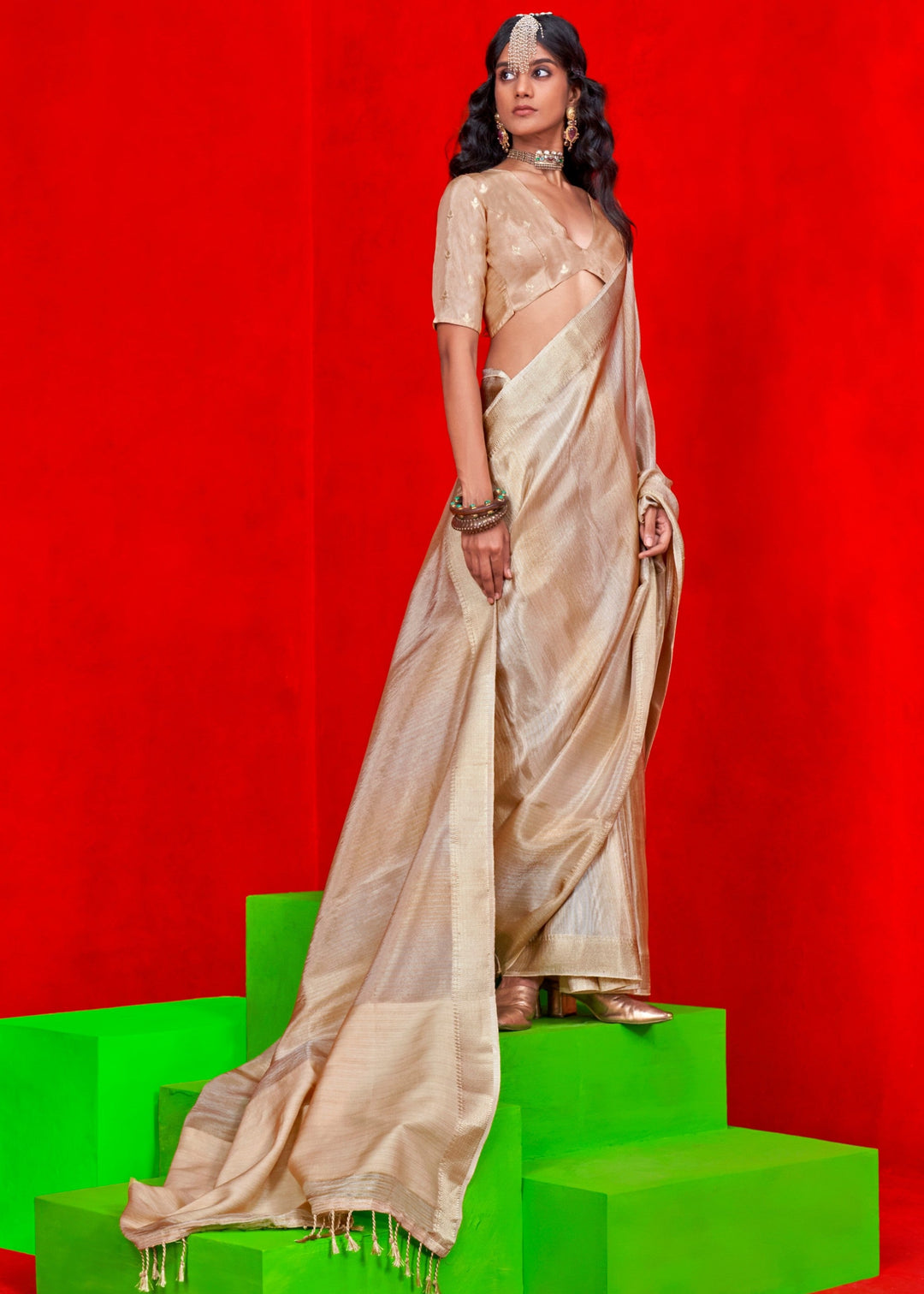 Off-White Viscose Tissue Silk Saree