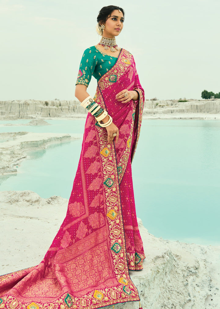 Bright Pink Georgette Bandhej Saree