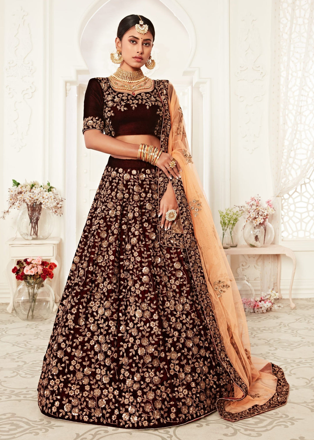 Majestic Maroon Pure Velvet Zari And Sequins Embroidery Lehenga