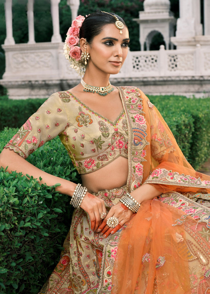 Beige & Orange Fancy Silk Lehenga Choli With Cut Work Embroidery Border & Stone Work
