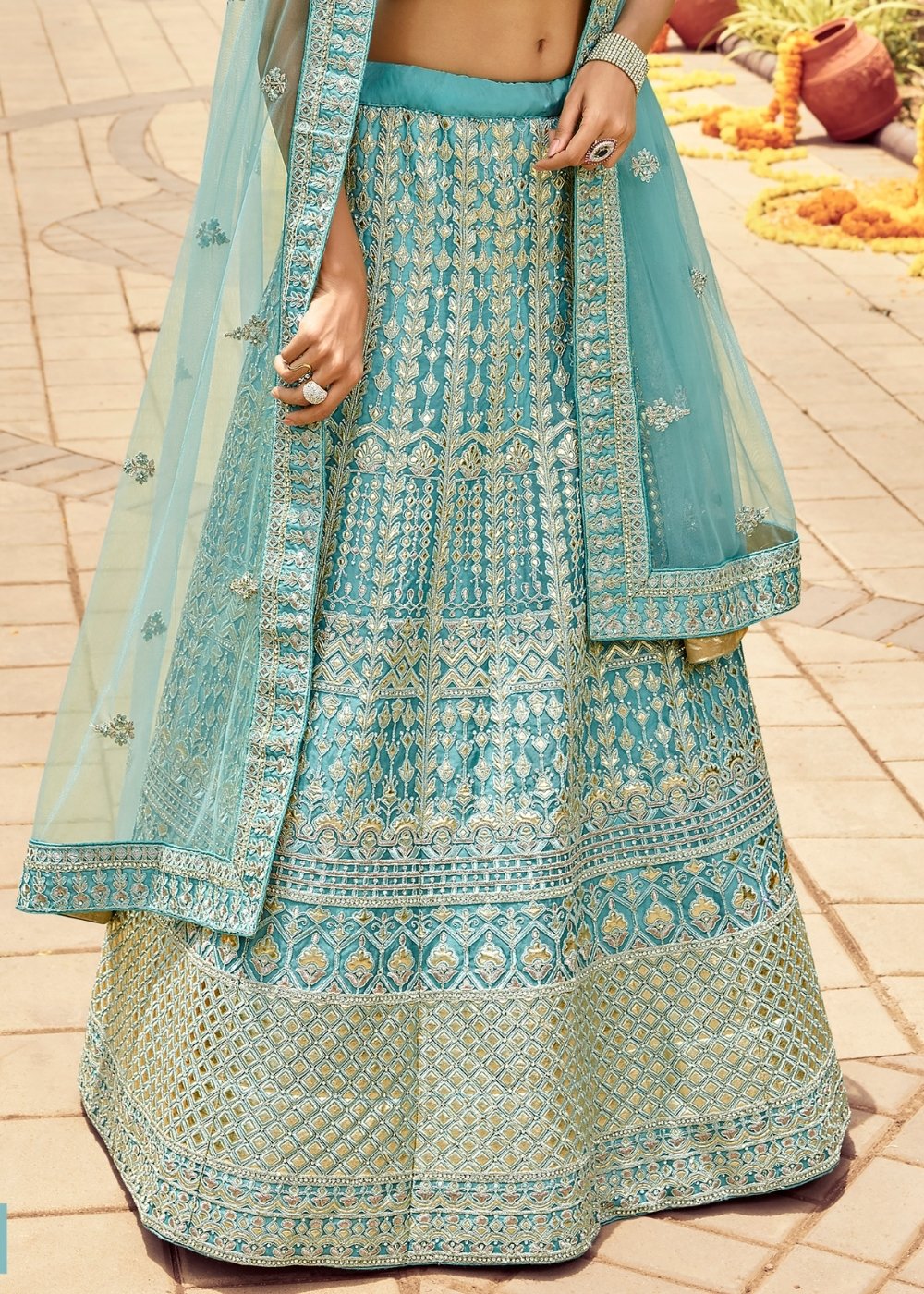 Light Turquoise Blue Organza Lehenga Choli with Zarkan,Gota,Zari & Resham work