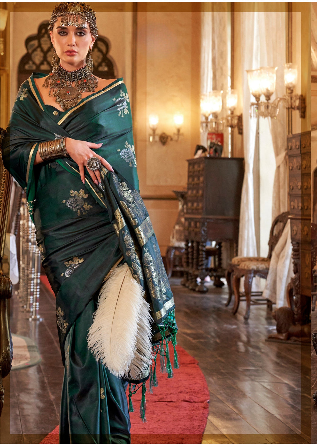 Dark Green Satin Silk Saree