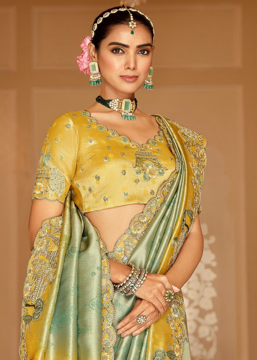 Aqua Blue With Yellow & Golden embroidery Silk Saree
