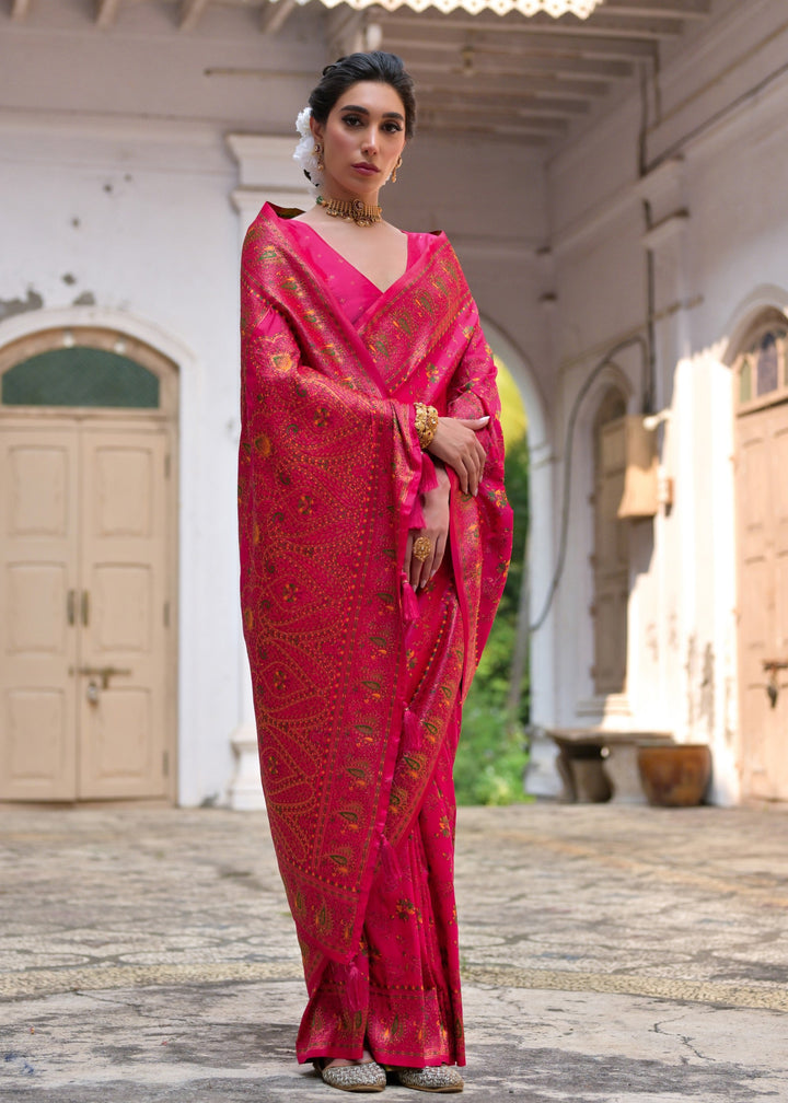 Pink Thread Woven Jal & Flower Silk Saree With Thread Woven Pallu