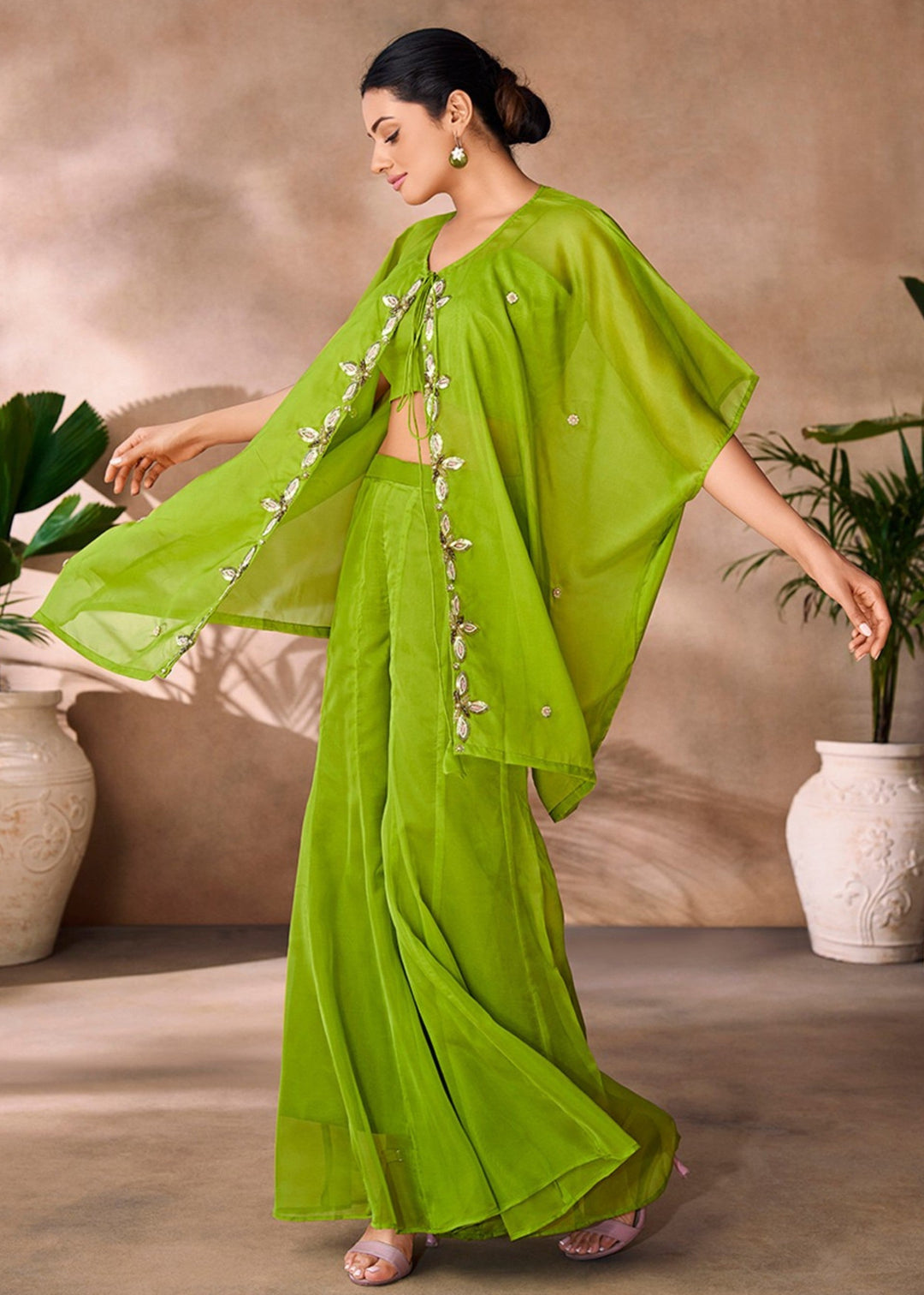 Parrot Green Organza Handwork Co-ord Set