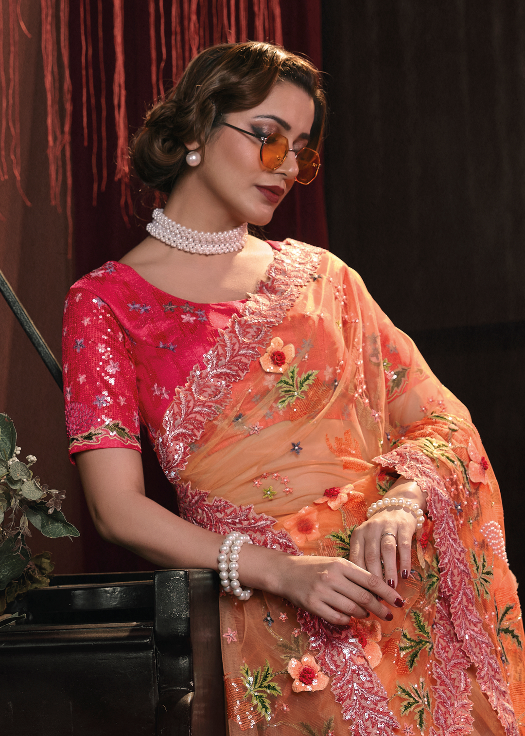 Shades Of Orange Digital Net Saree with Thread, Sequence,Zarkan,Moti and Flower Applique work
