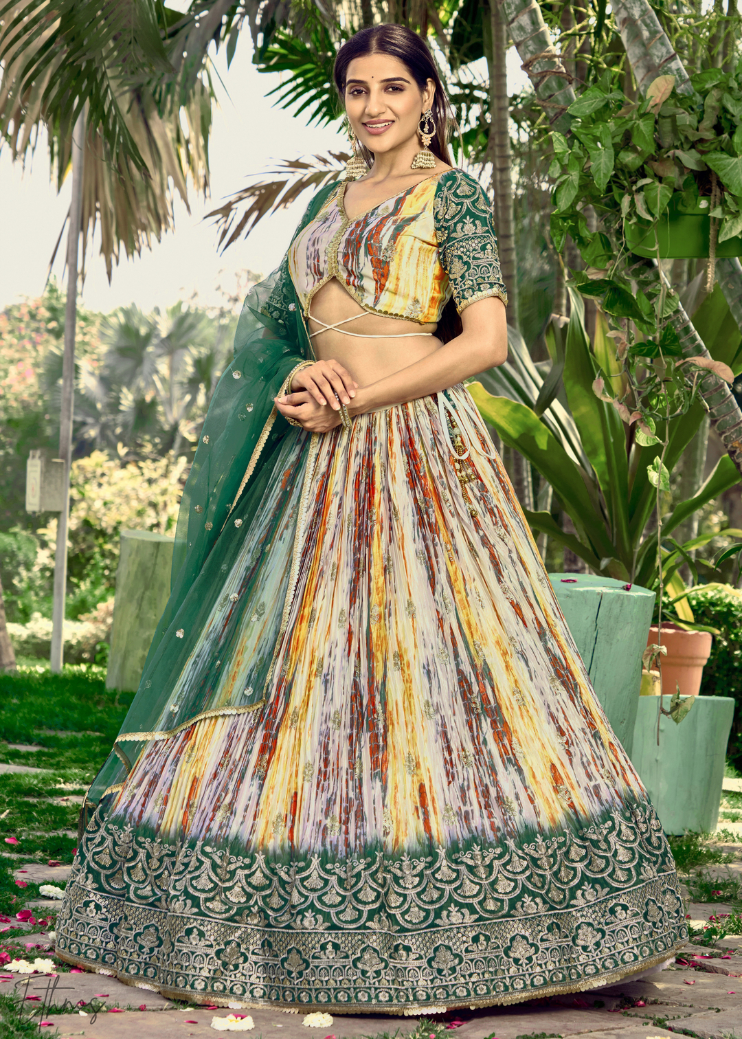 Dark Green Chinon Silk Lehenga Choli