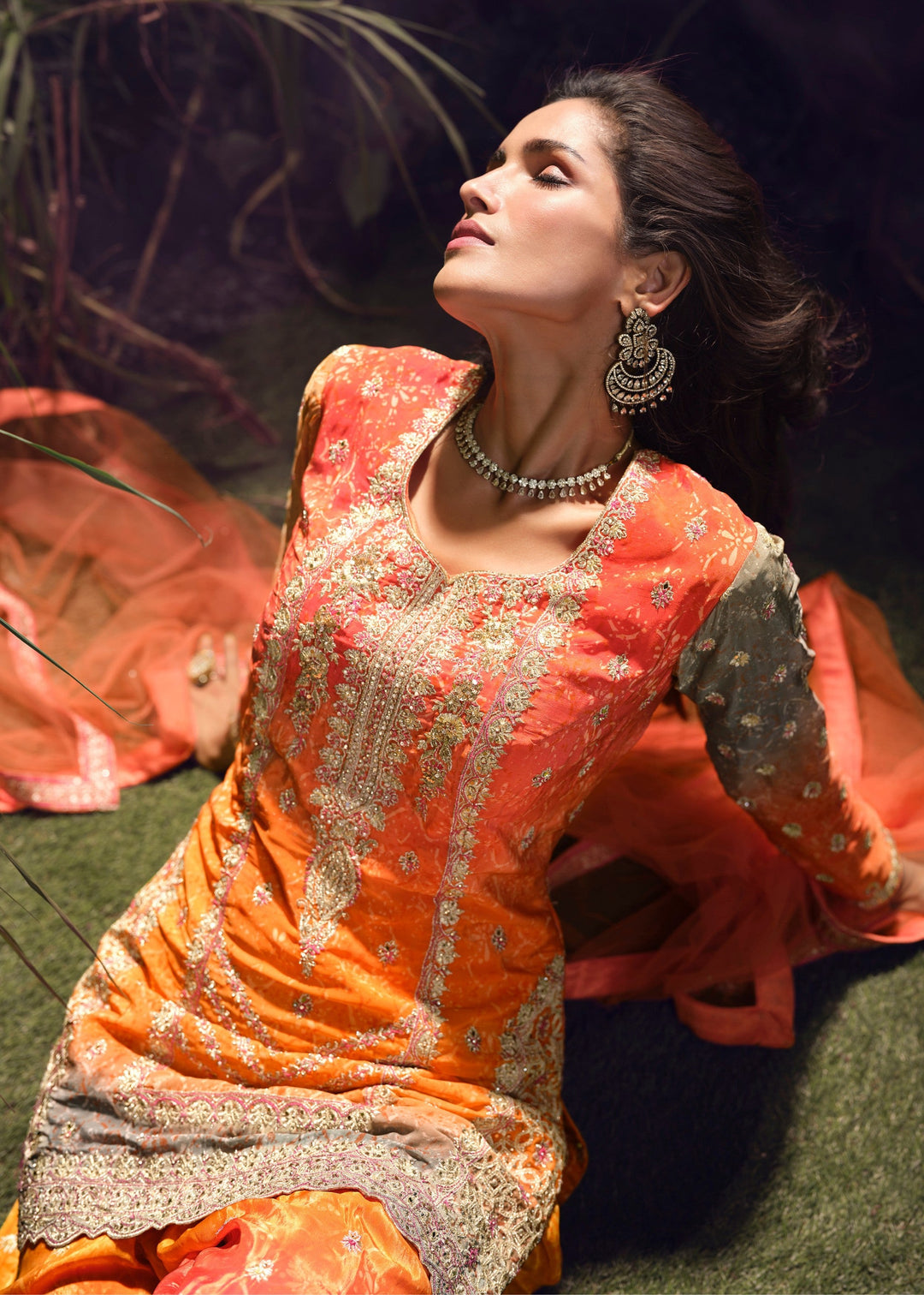 Tangrine Orange Chinnon Silk Plazo Suit With Mirror & Thread Embroidered Work