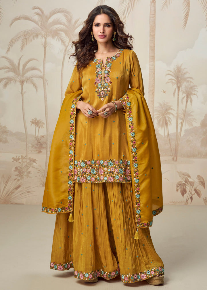 Mustard Yellow Organza Silk Plazo Suit With Dupatta