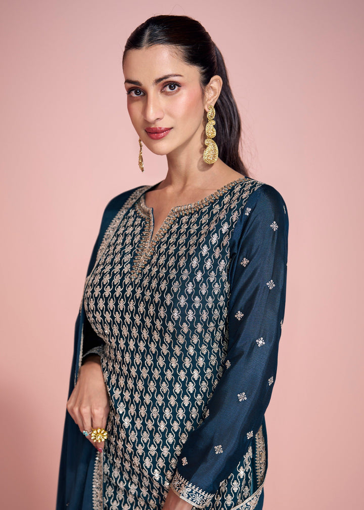 Spruce Blue Chinnon Silk Plazo Suit With Thread Embroidered Work