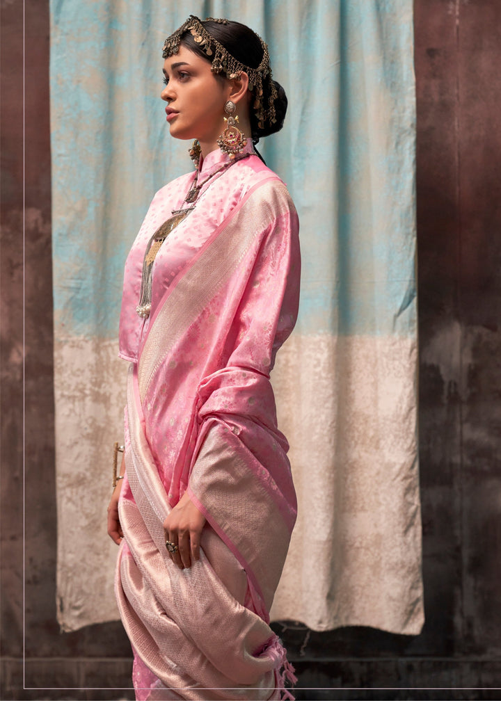 Baby Pink Satin Silk Saree