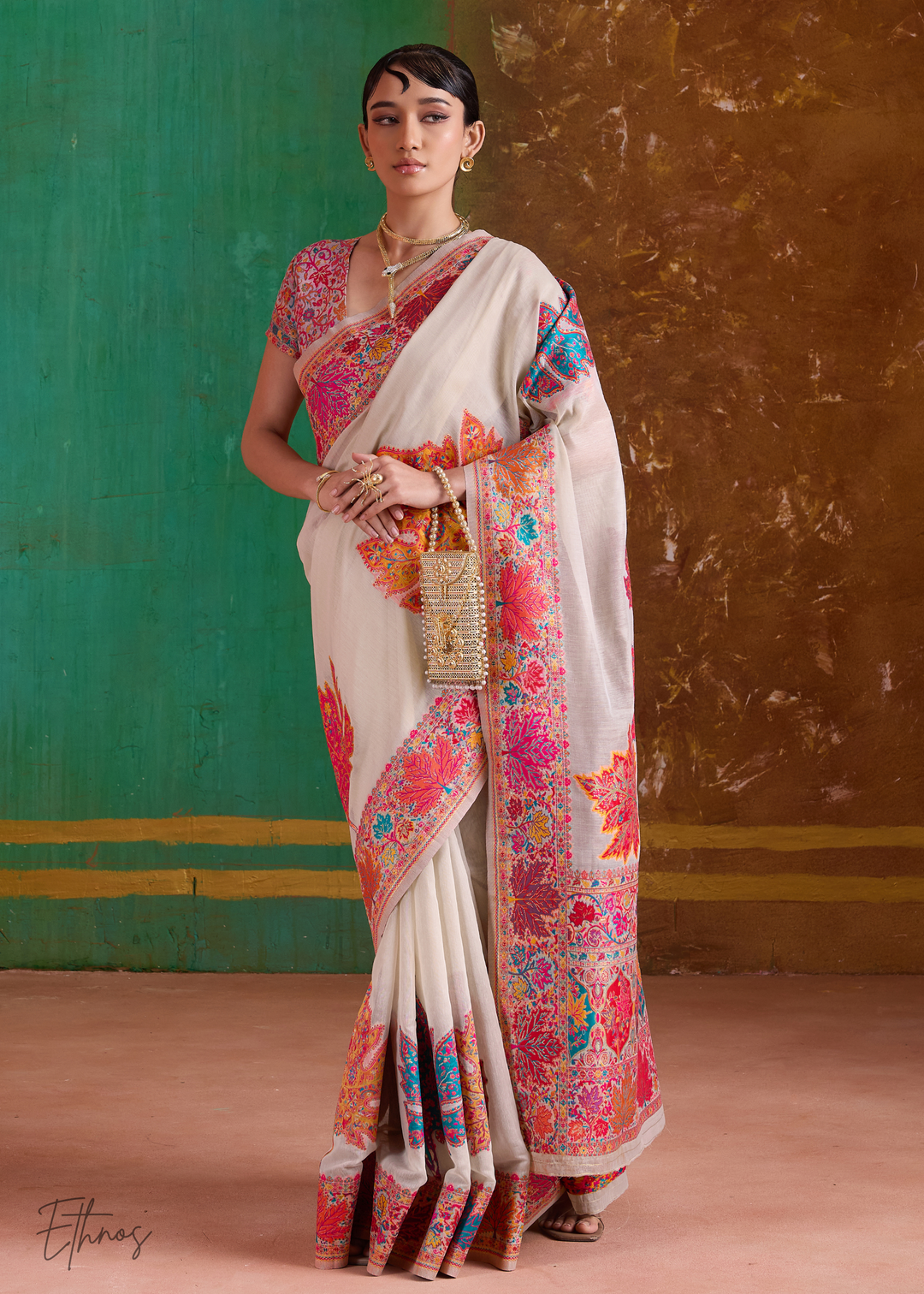 Warm Beige with Multicolour Floral Weave Saree