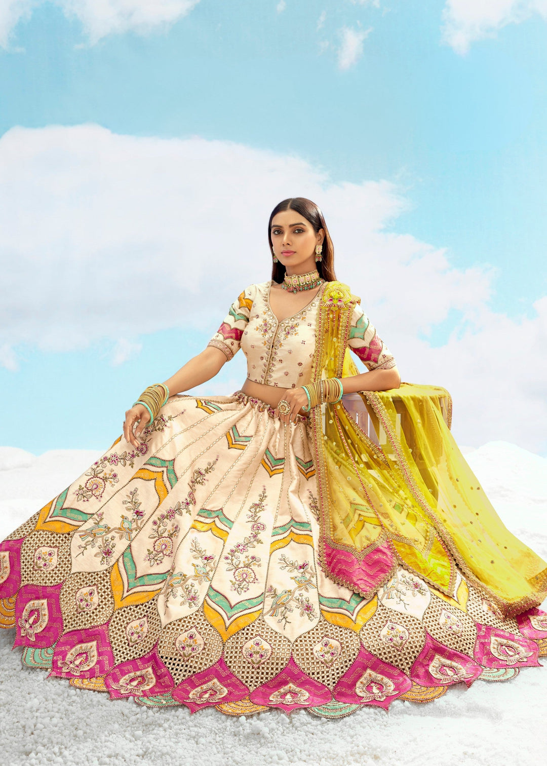 Off-White And Yellow Silk Lehenga With Cut Work Border