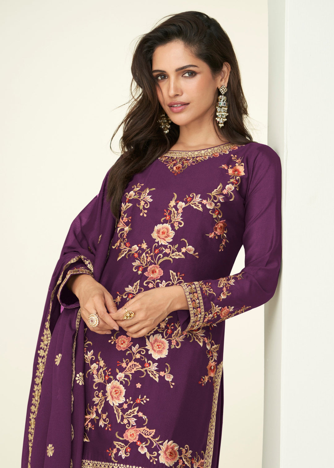 Eggplant Purple Chinon SIlk Plazo Suit