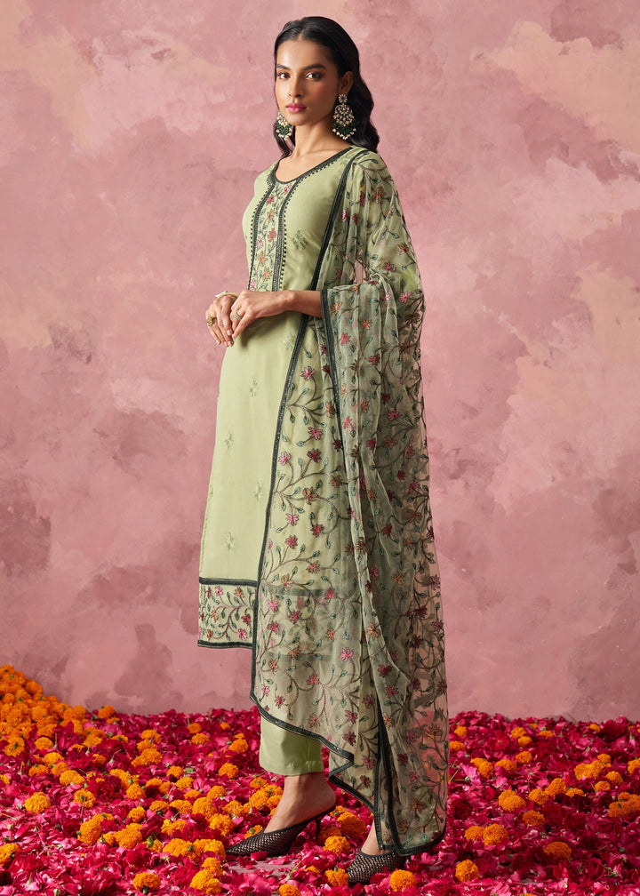 Pistachio Green Georgette Suit With Thread Embroidered Work