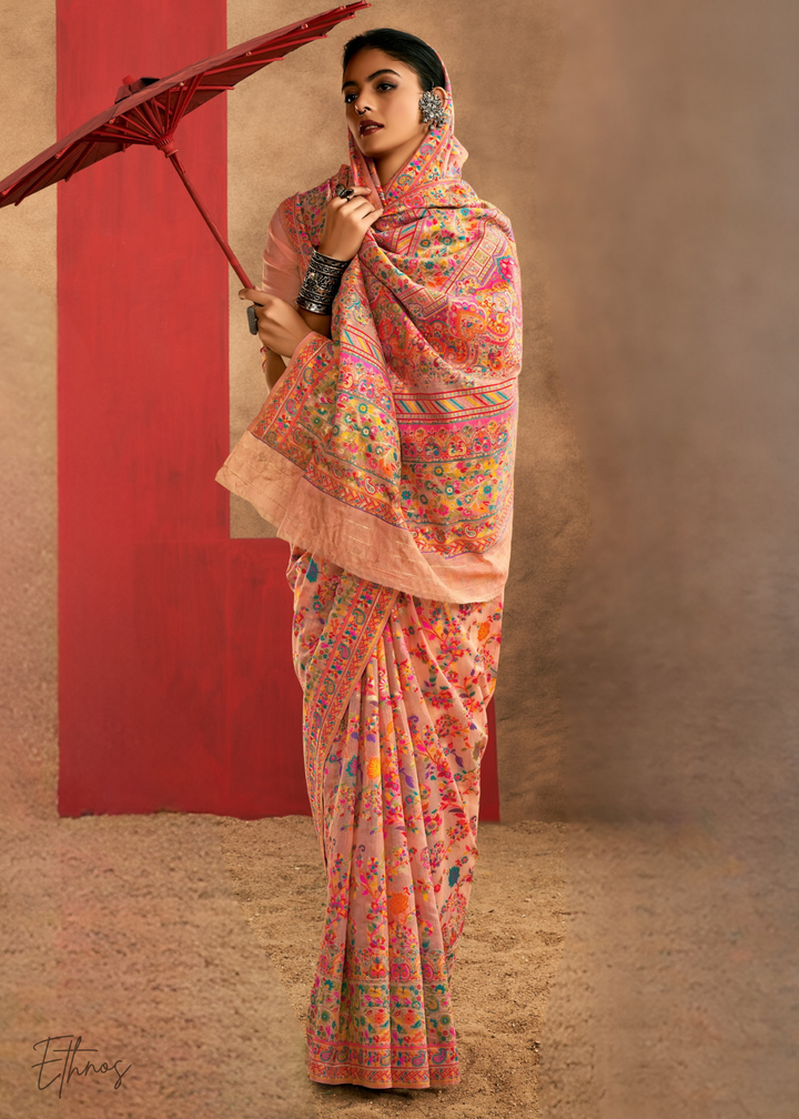 Blush Peach with Multicolour Kashmiri Floral Weave Saree
