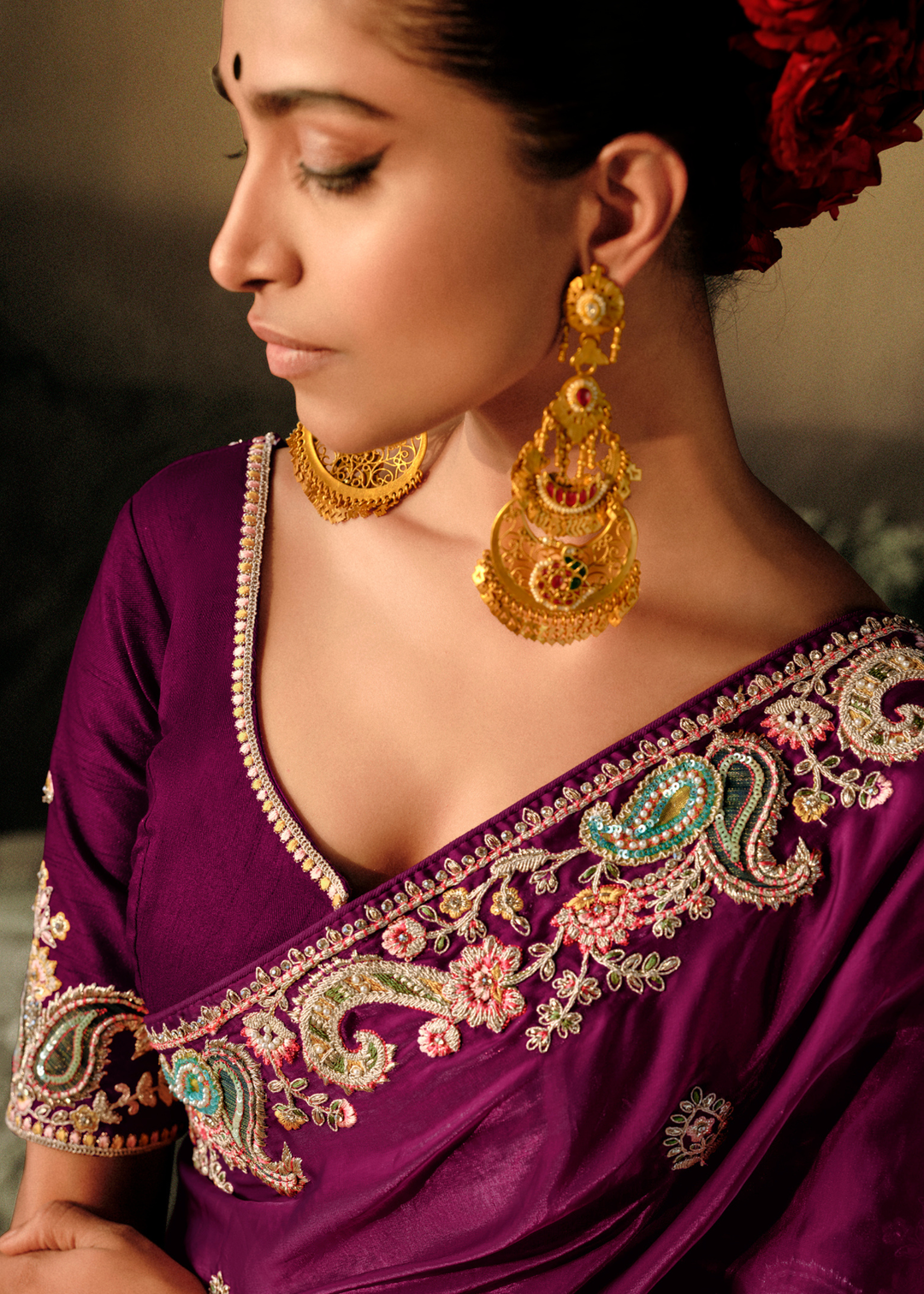 Mardi Gras Purple Dola Silk Saree with Hand Embroidery work