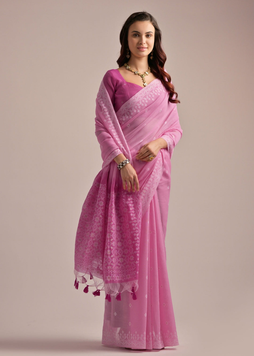 Pink Thread Butti Lakhnawi Weaves Muga Cotton Saree With Contrast Pallu