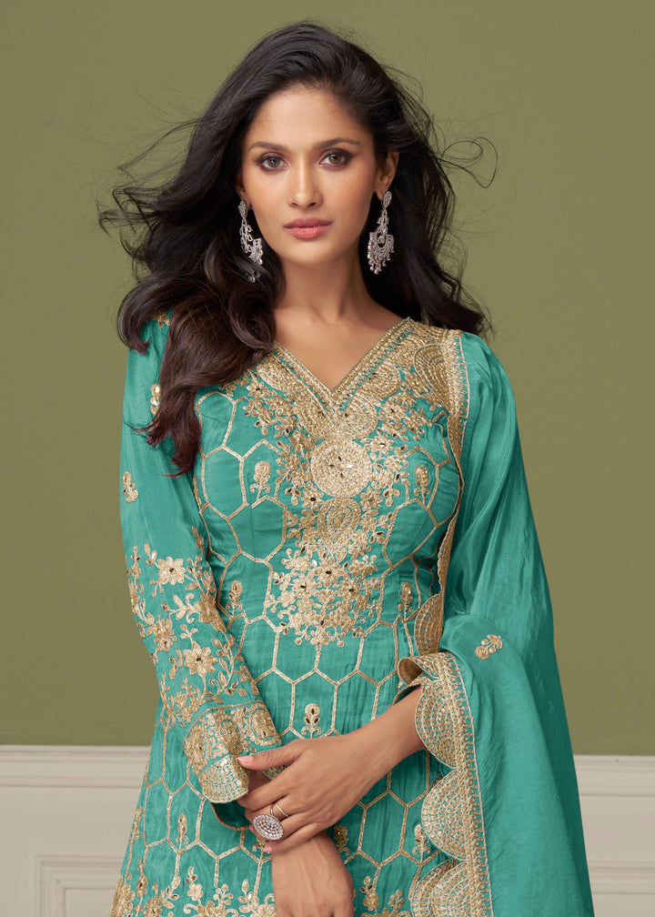 Bright Teal Green Silk Salwar Suit with golden embroidery