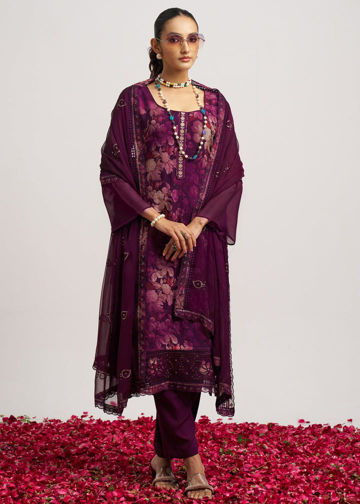 Sangria Purple Organza Pant Style Suit WIth Chiffon Dupatta