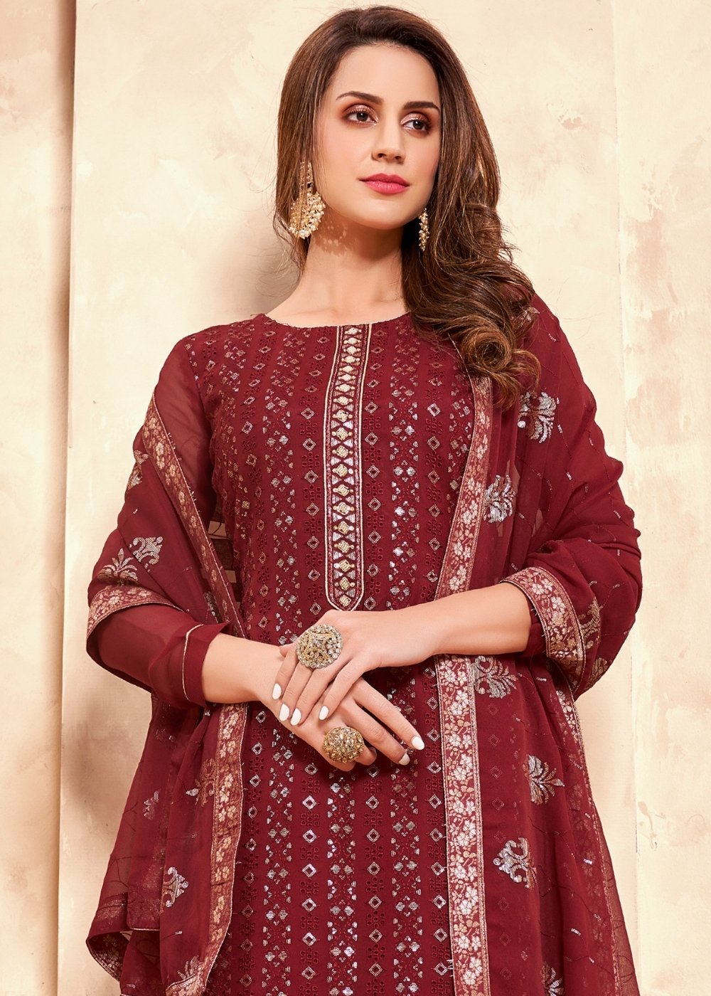 Maroon Red Georgette Pant Suit