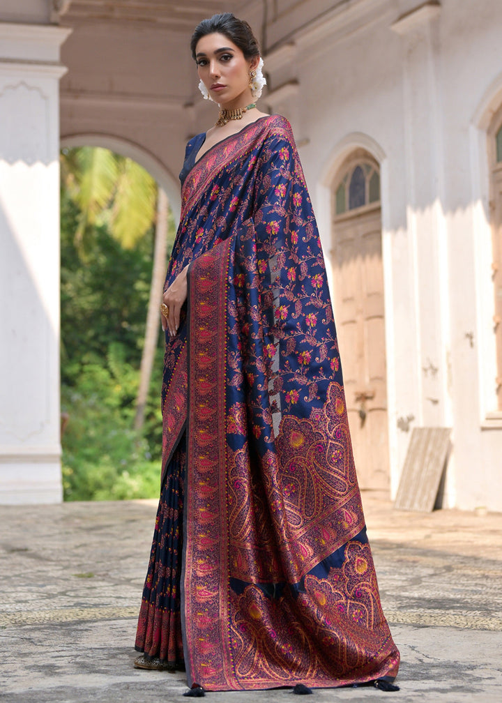 Navy Blue Thread Woven Jal & Flower Silk Saree With Thread Woven Pallu