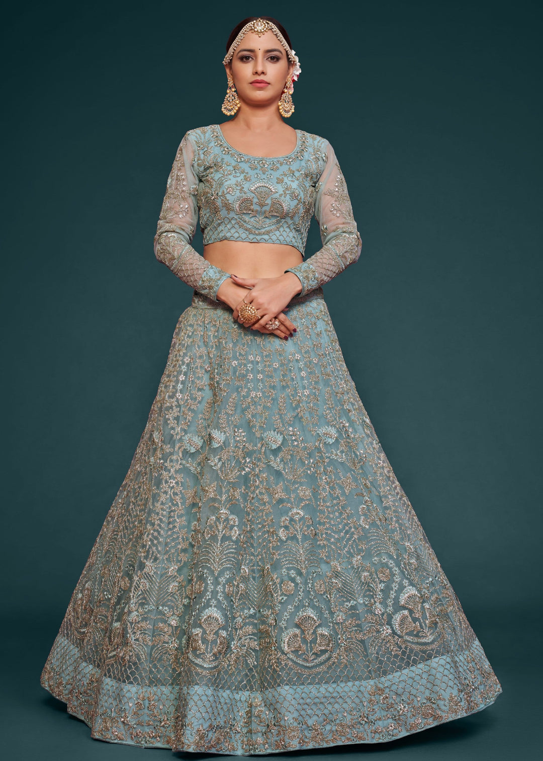Aqua Blue Soft Net Lehenga with Thread, Zari, Badla and Glitter Dori Embroidery Work