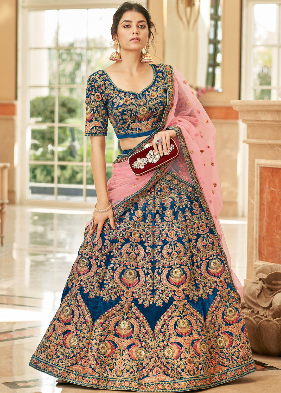 Dark Blue Velvet Lehenga Choli