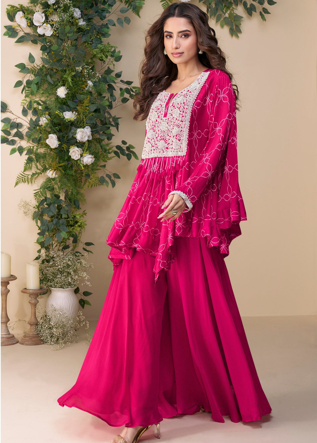 Bright Fuchsia Pink Premium Chinon Silk Kurta with Pant