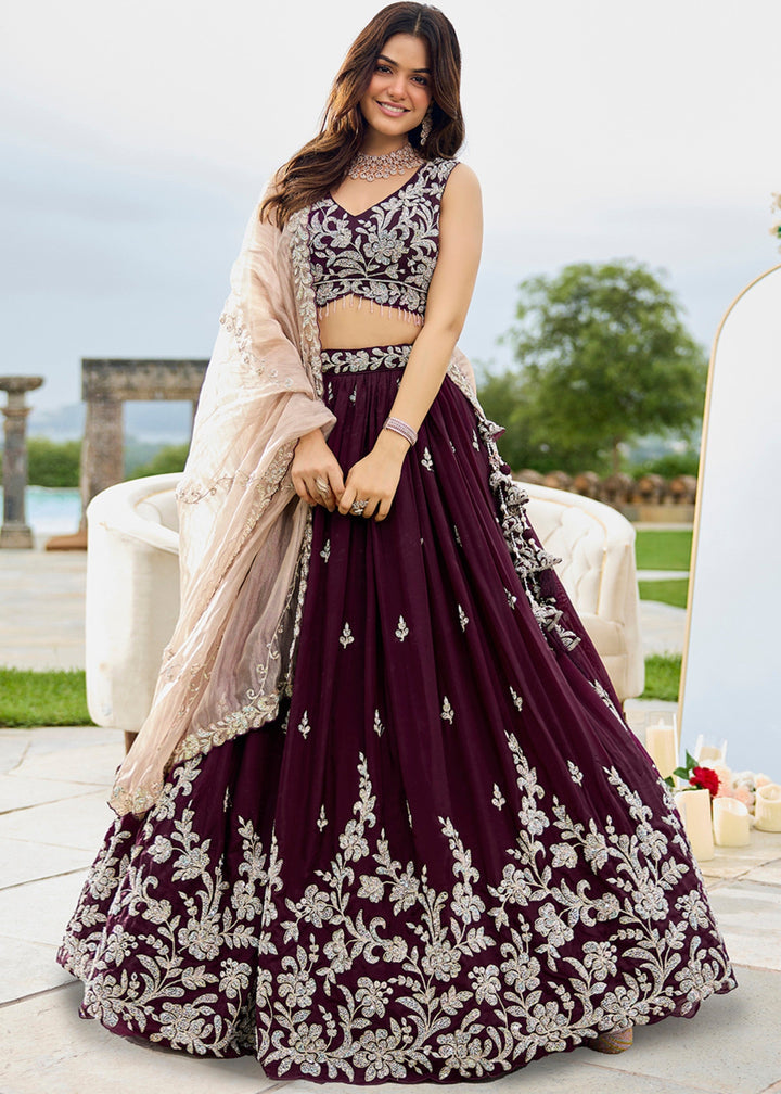 Wine Satin Silk Lehenga Choli