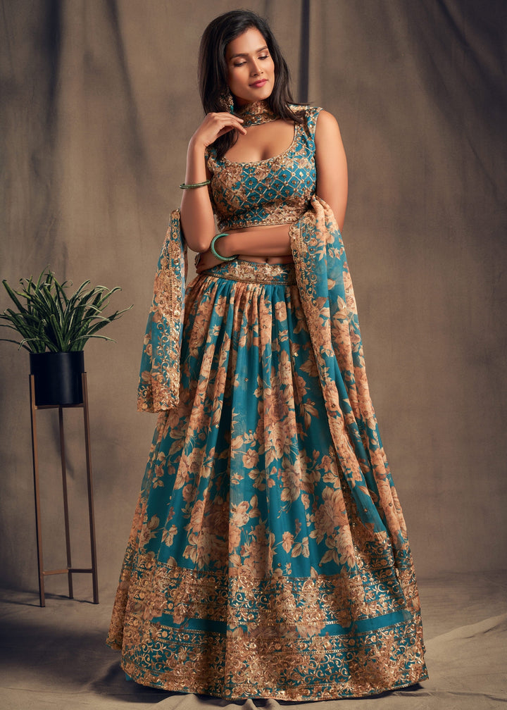 Teal Blue Organza Lehenga with Dupatta