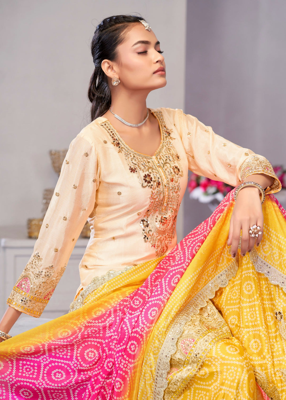 Yellow And Pink Chinon SIlk Plazo Suit With Embroidered Work