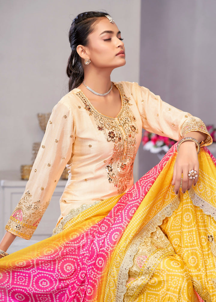 Yellow And Pink Chinon SIlk Plazo Suit With Embroidered Work