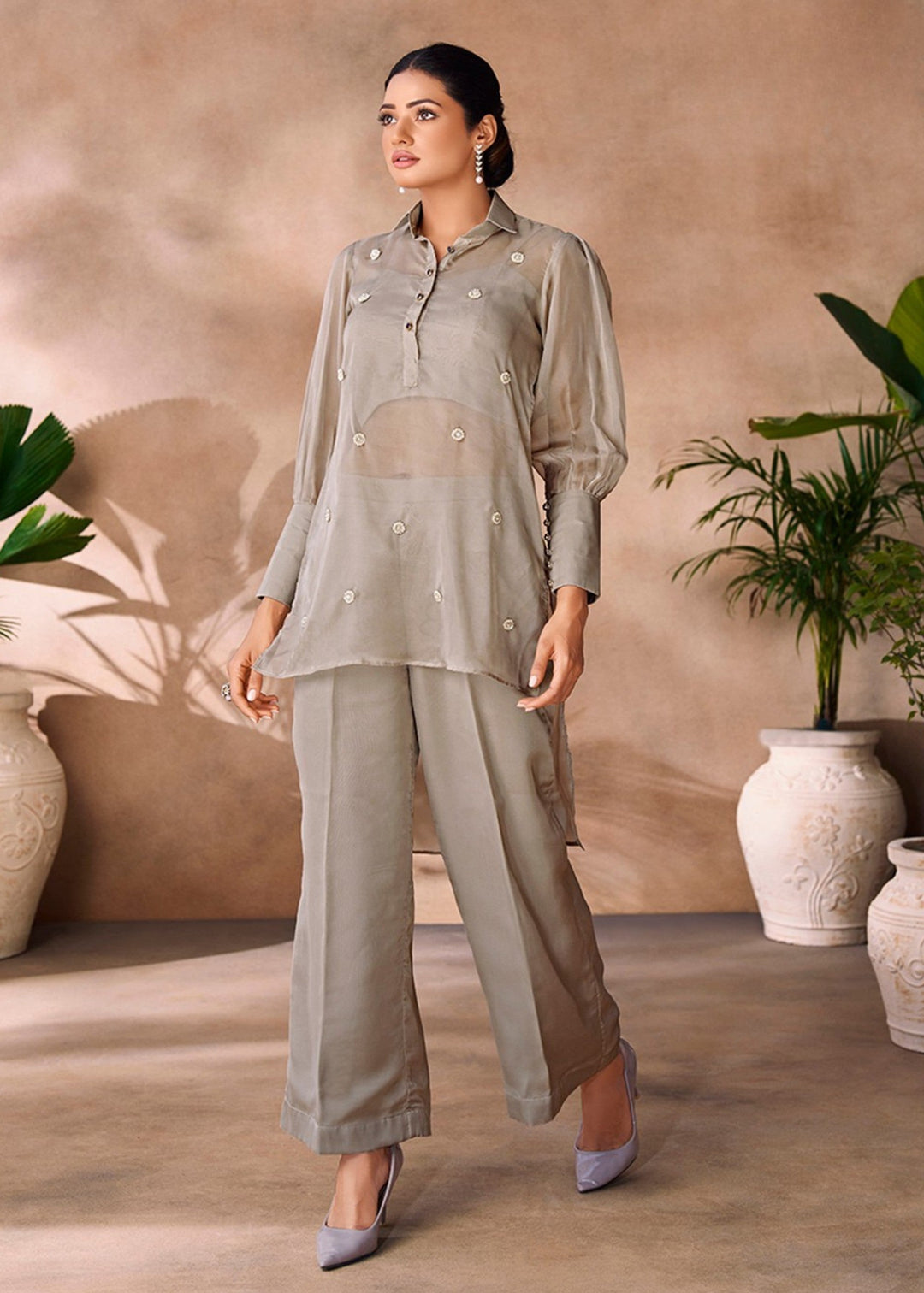 Grey Organza Handwork Co-ord Set