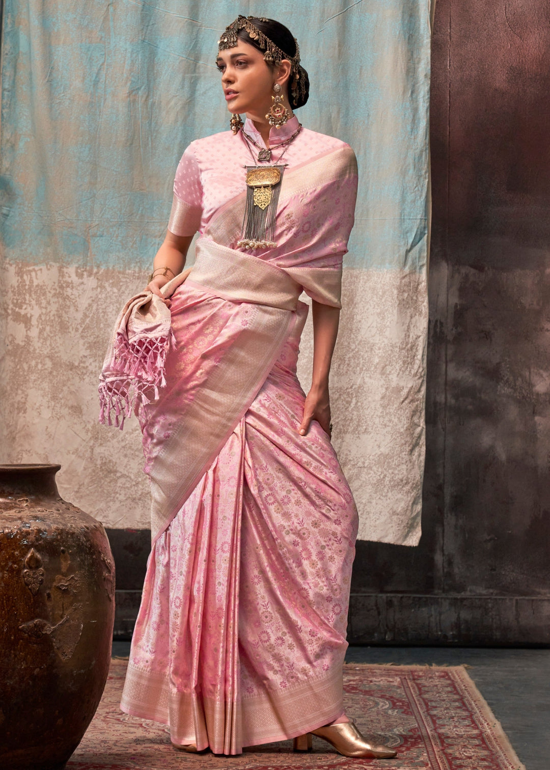 Soft Pink Satin Silk Saree